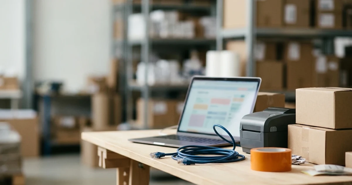 Notebook abierta sobre un escritorio de depósito, con un cable de red, una impresora de etiquetas y cajas de cartón al lado.