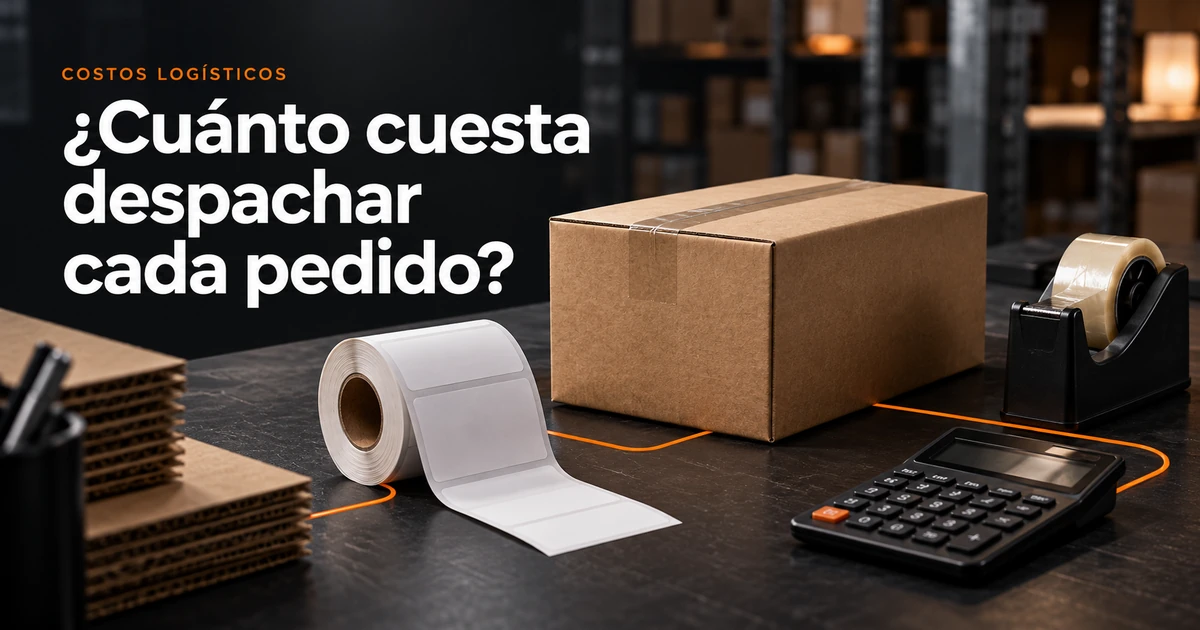 Caja de ecommerce, etiquetas, cinta y calculadora sobre una mesa de packing, junto a la pregunta cuánto cuesta despachar cada pedido.