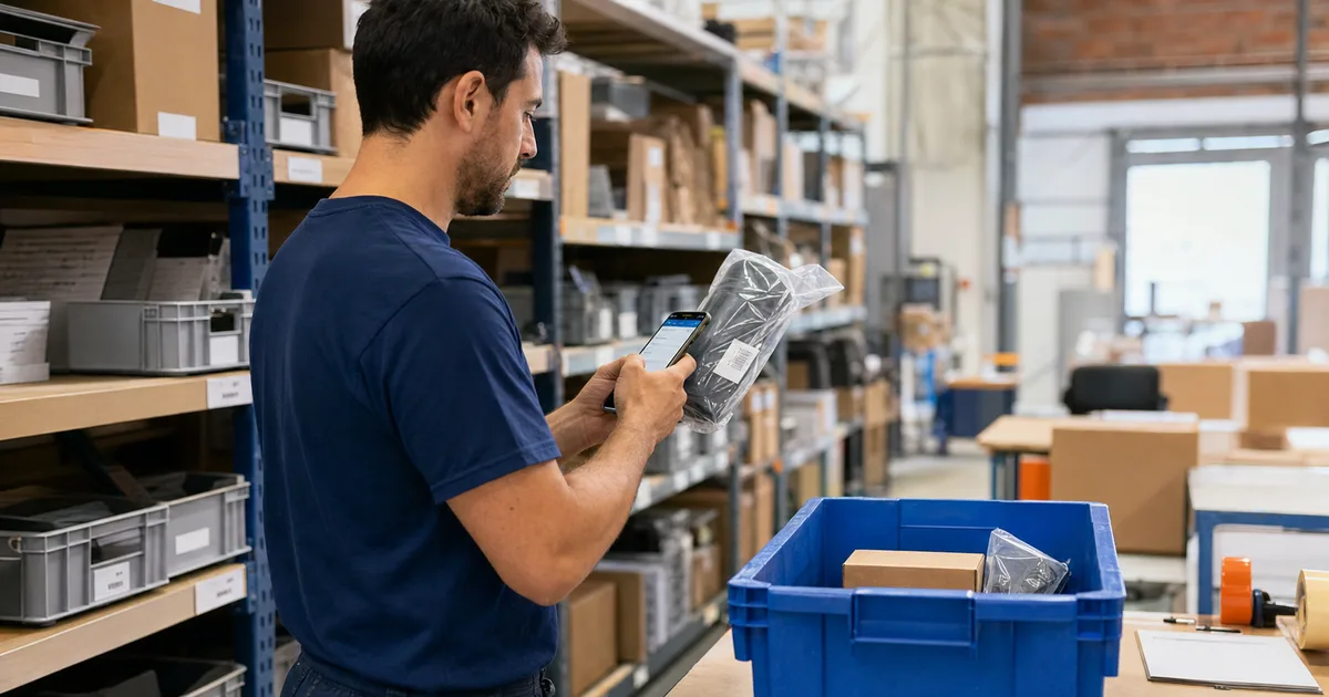 Operario de un depósito ecommerce verifica con un celular el código de un producto antes de colocarlo en el contenedor del pedido
