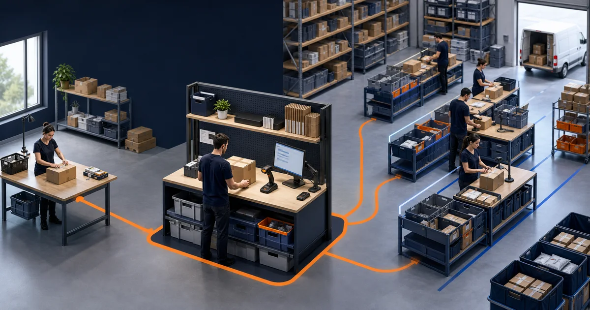 Operación de ecommerce que crece desde una mesa de packing simple hacia varias estaciones coordinadas y conectadas