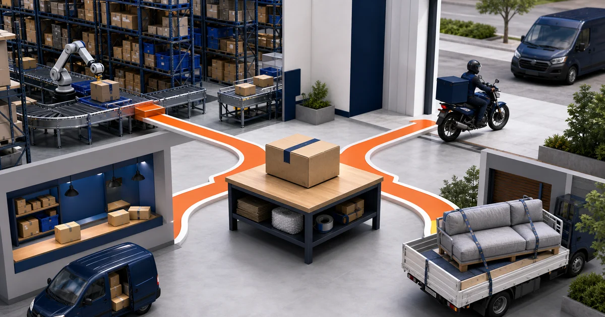 Una mesa de packing con un paquete central y cuatro rutas logísticas: centro de almacenamiento, entrega rápida, red de despacho y transporte propio