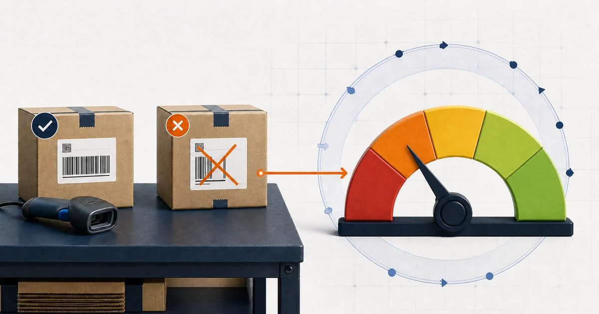 Dos paquetes en una mesa de packing, uno validado y otro con una etiqueta cruzada, conectados visualmente con el termómetro de reputación de Mercado Libre