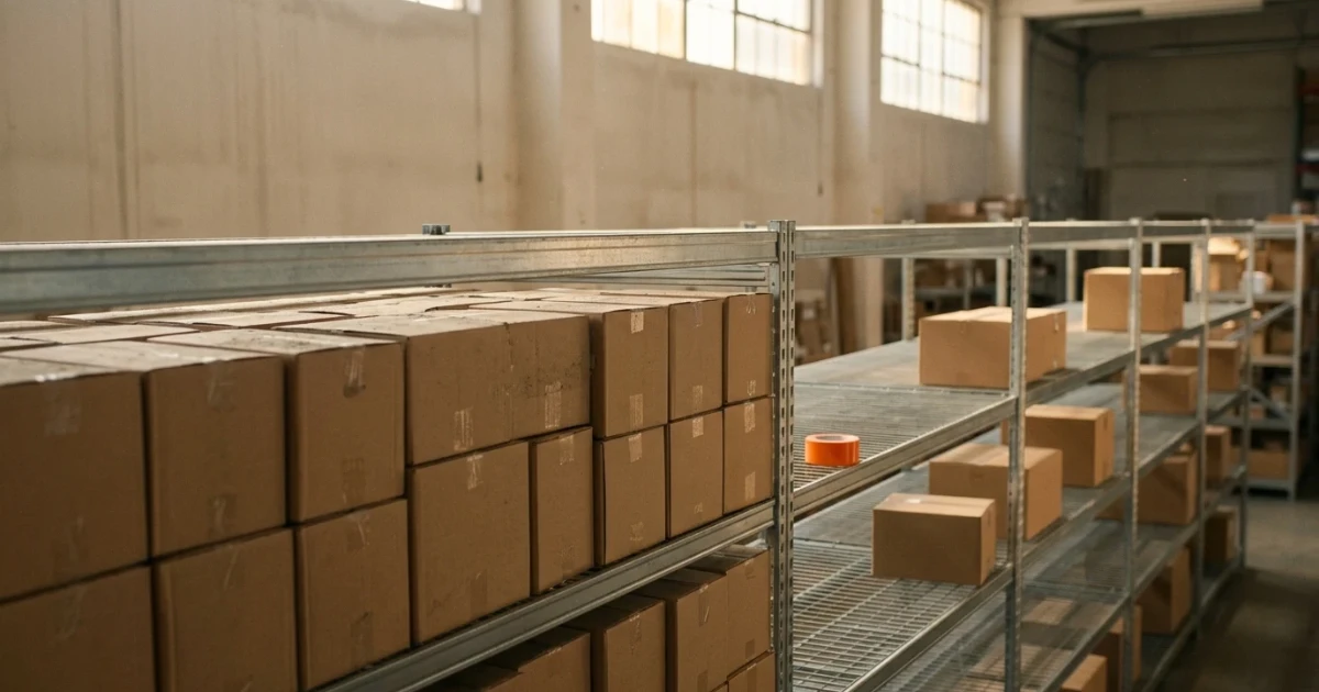 Estantería de depósito con un sector lleno de cajas de cartón que no se movieron y otro sector casi vacío, con una cinta naranja en el estante.