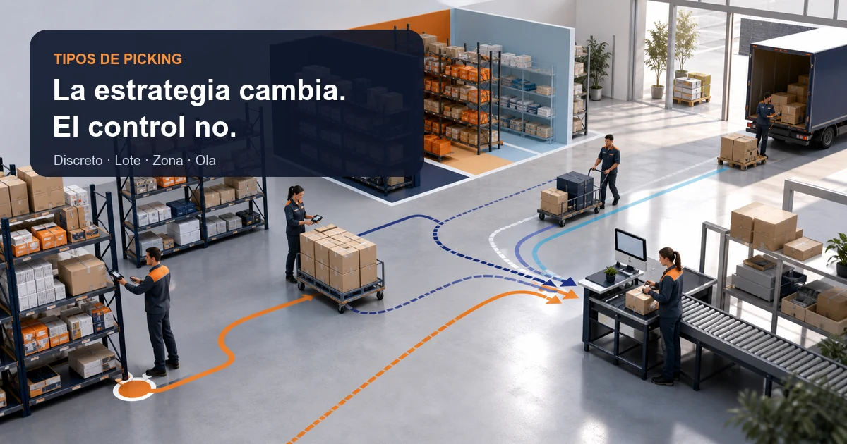Comparación práctica de picking discreto, por lotes, por zonas y por olas para elegir según órdenes, SKU, layout, consolidación y horarios.
