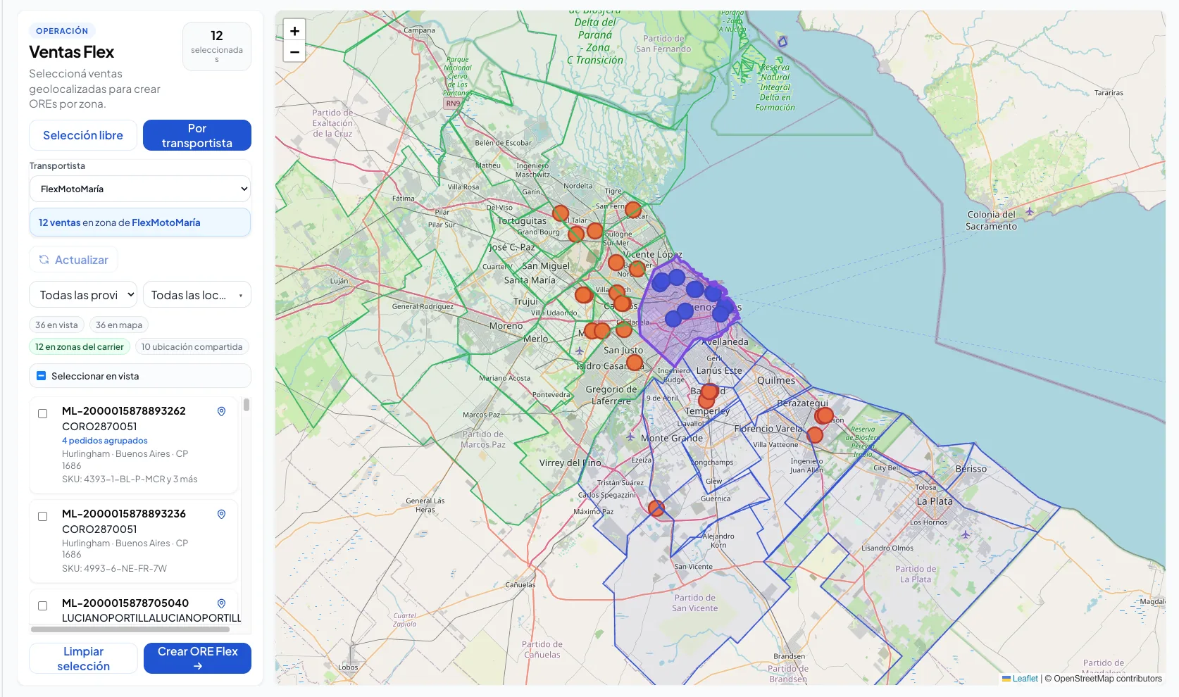 Ventas Flex — mapa de zonas por transportista en Conectodo Packing