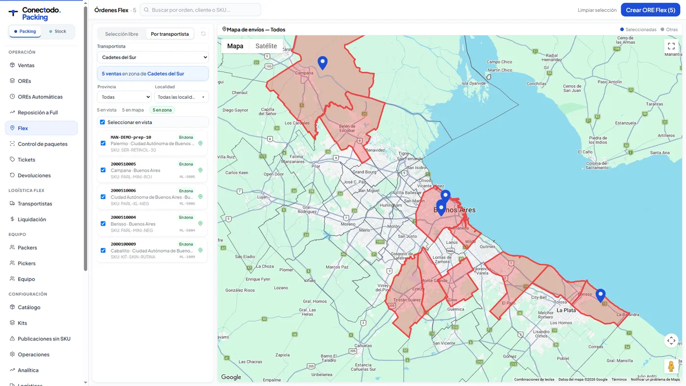 Ventas Flex geocodificadas sobre el mapa de zonas