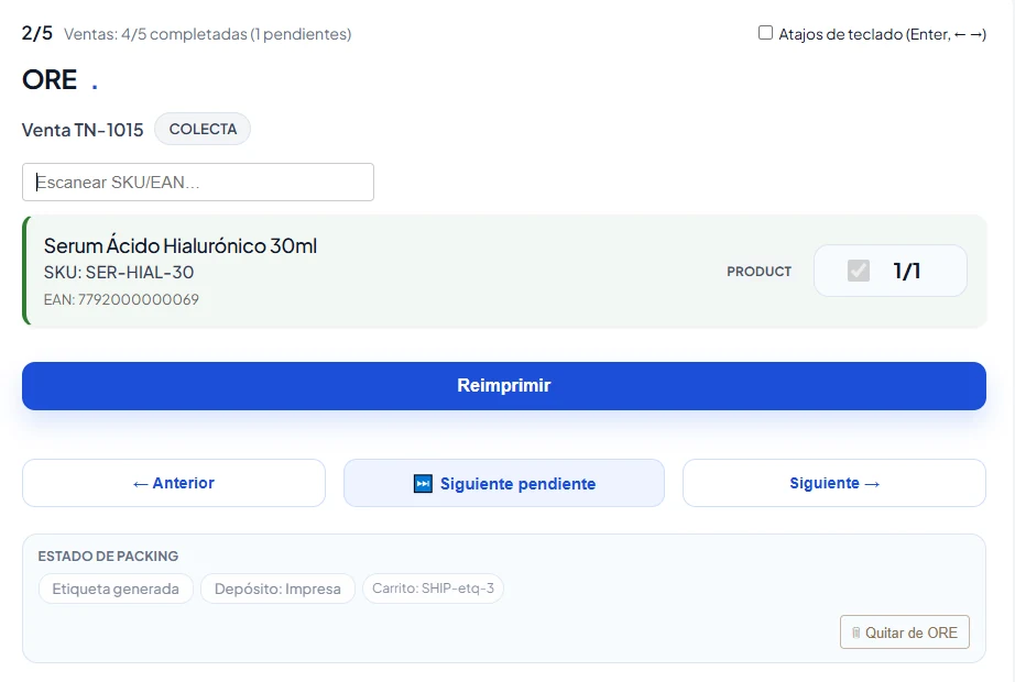 Pantalla de packing: la venta TN-1015 con el producto escaneado 1 de 1